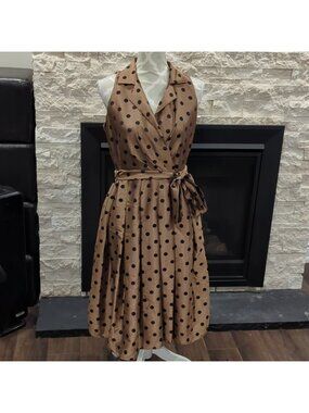 Laura Petites Copper And Black Polka Dot Sleeveless Dress With Belt